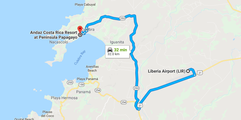 Liberia Airport to Andaz Papagayo Map